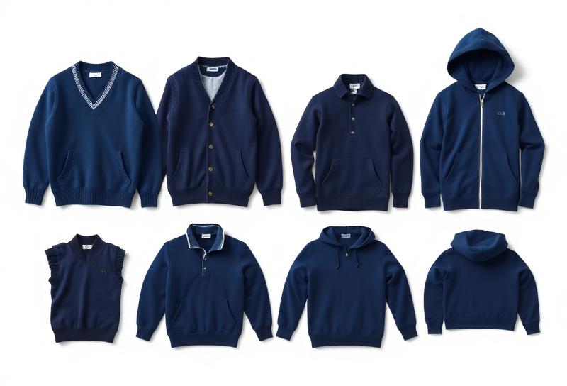 Navy blue outerwear options including sweater vests, cardigans, quarter zips, and hoodies