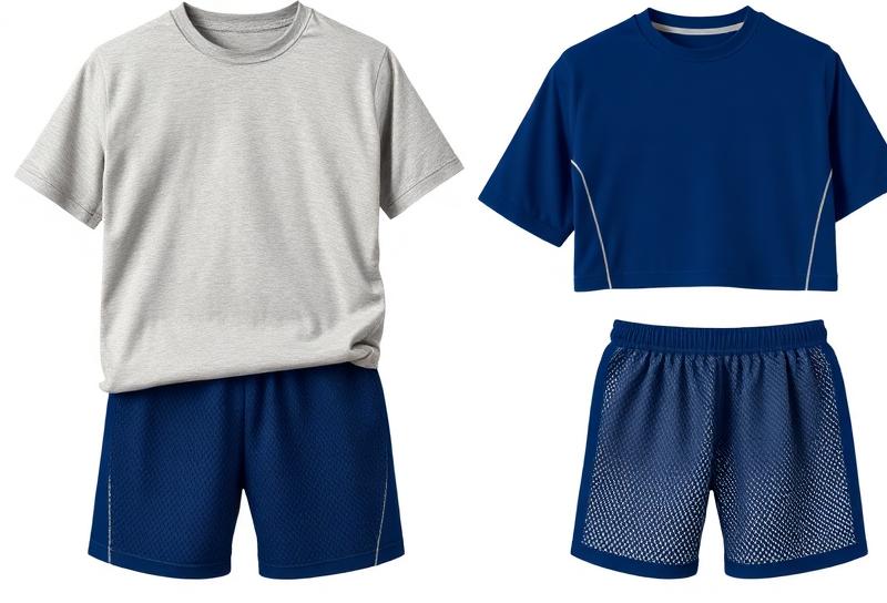 Ash gray and navy blue P.E. uniform tops and shorts