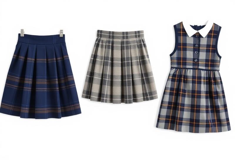 Plaid skirts and jumpers in navy blue, gray and gold pattern