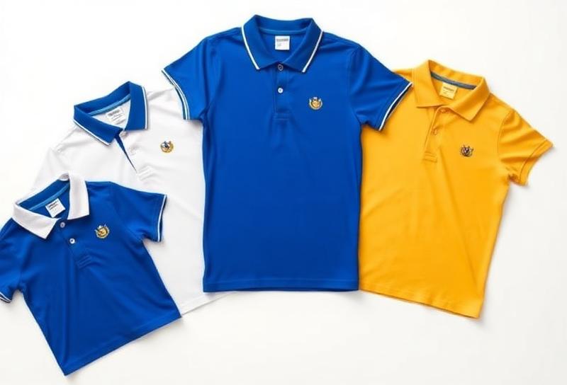 AIP approved polo shirts in royal blue, white, and gold